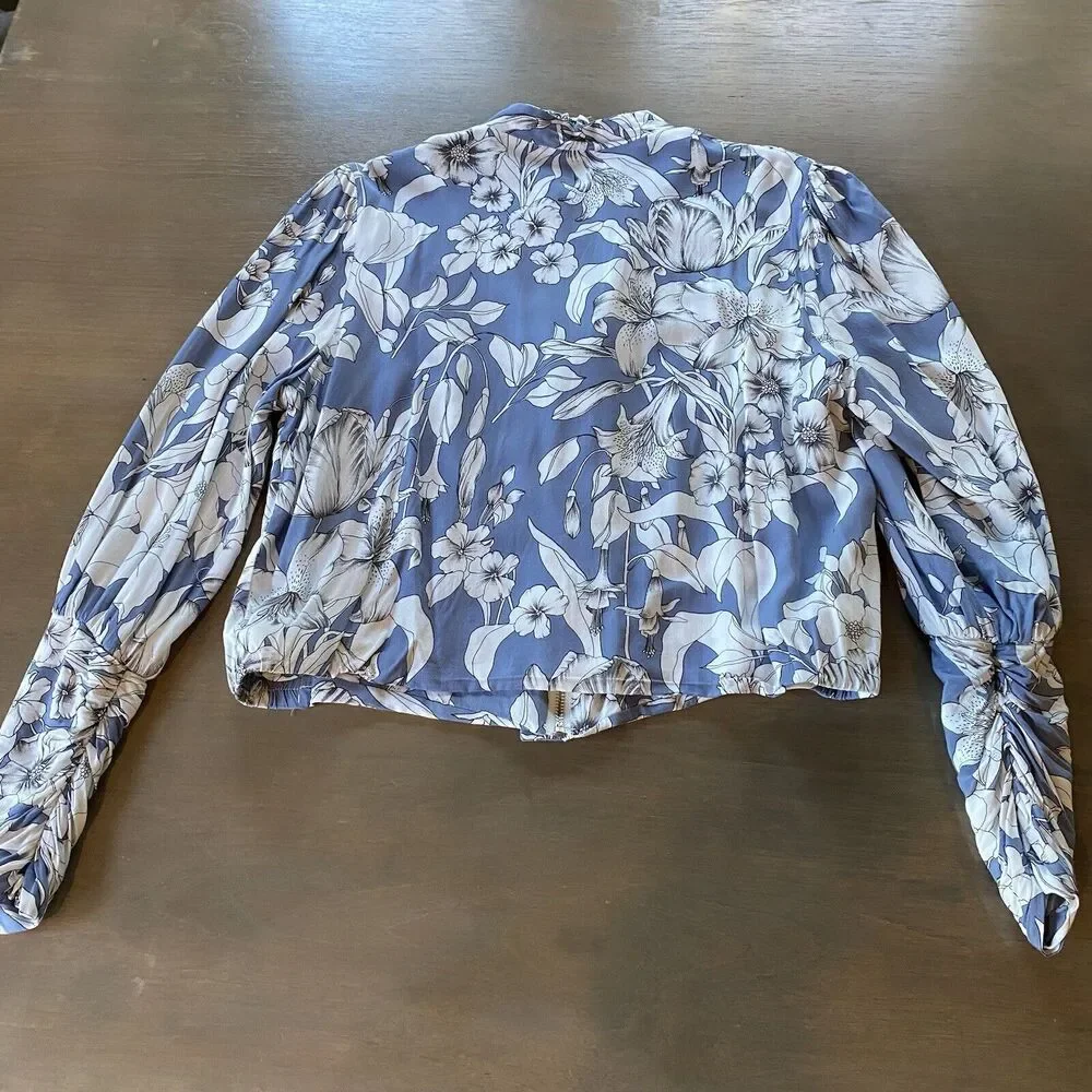Jaase Jacket Blue White  Floral Full Zip Bomber Jacket Size Large Ruched Sleeve - Picture 6 of 12